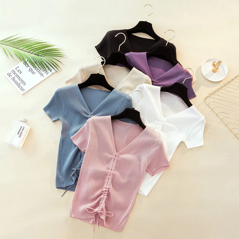

Summer Midriff Baring Womens T-shirts Fashion Knitted V Neck Short Sleeve Woman T-shirts Ice Silk Slim Fit Lady T-shirts