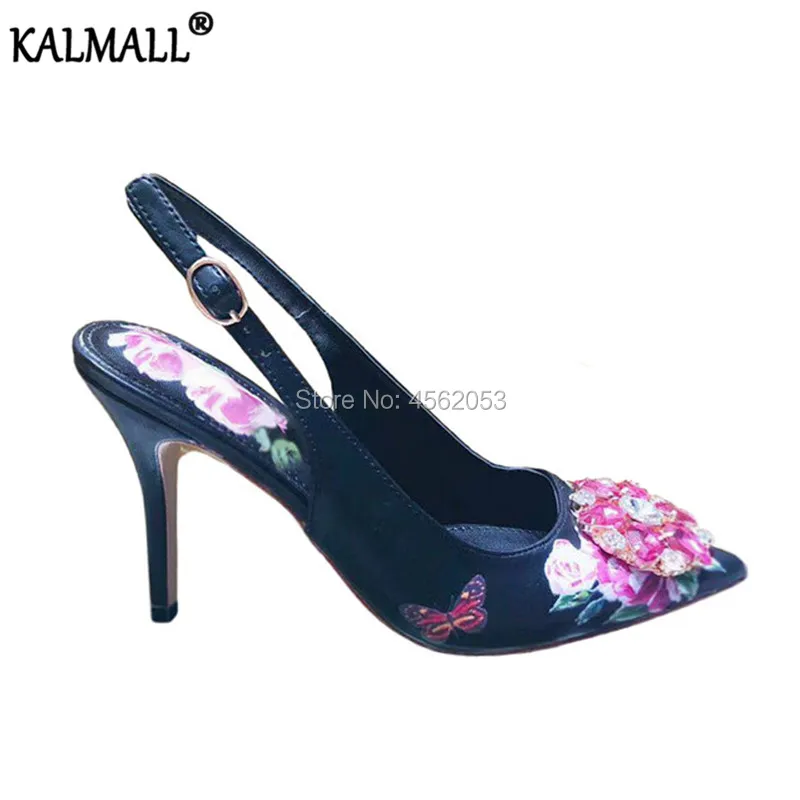 Кожаные черные туфли лодочки KALMALL с принтом бабочки розы ремешком на пятке для