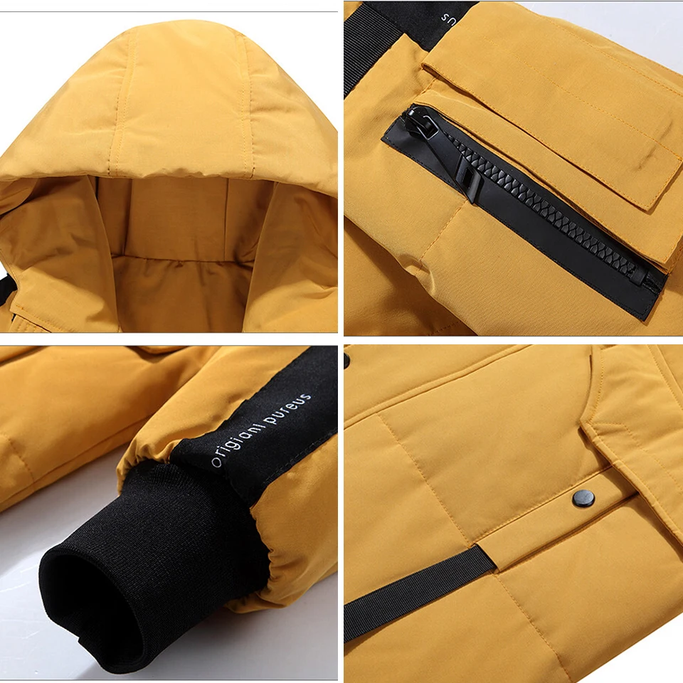 Мужская зимняя куртка на белом утином пуху с большими карманами и капюшоном |