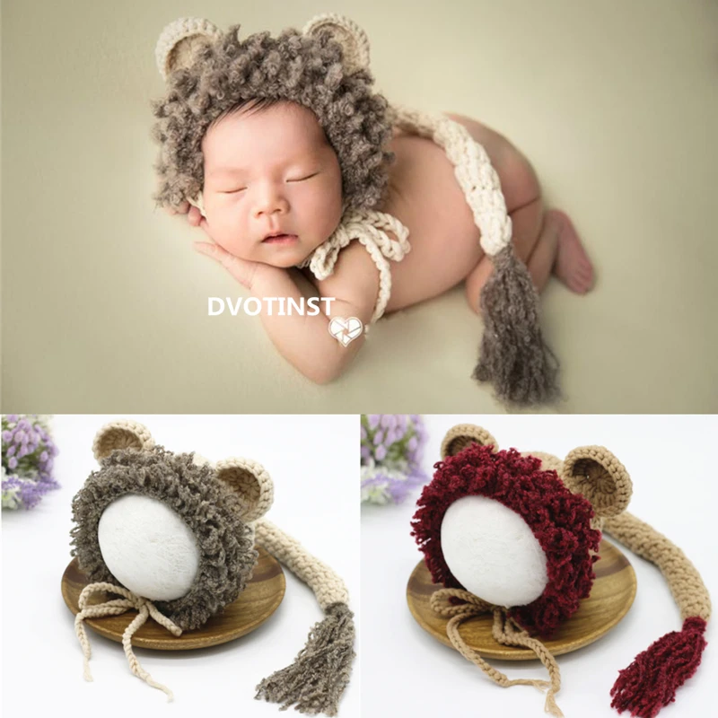 

Dvotinst Newborn Baby Photography Props Knit Cute Animal Lion Bonnet Hat Tail Set Fotografia Accessorio Studio Shoot Photo Prop