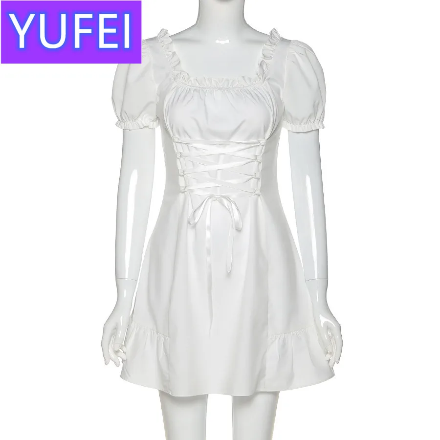 

KLALIEN fashion elegant bow white female mini dress summer party birthday festival cute sexy french romantic silk dress women