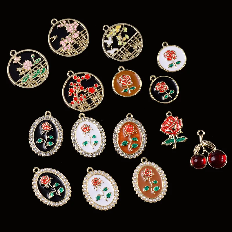 5 piezas Vintage gota aceite rosa flor diamante perlas cerradura colgante DIY botones aleación pendiente collar pulsera accesorios de joyería