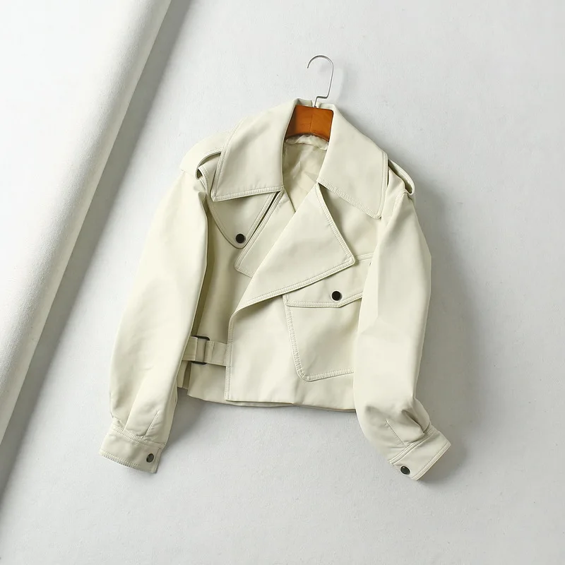 

Женская мотоциклетная куртка из ПУ кожи, однотонная куртка с поясом, свободная повседневная куртка, новинка весны 2021