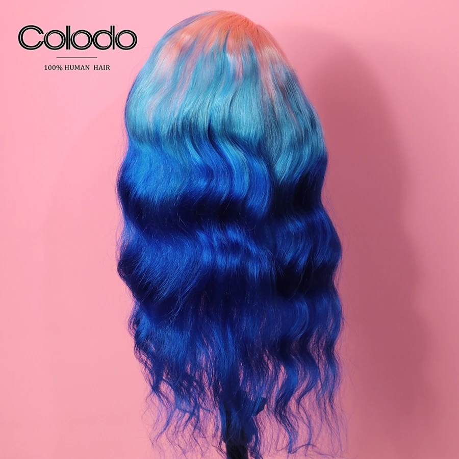 COLODO Wavy Pink Human Hair Wig 3 Tones Ombre Lace Front Wig With Baby Hair Remy Brazilian Transparent Lace Wigs For Black Women
