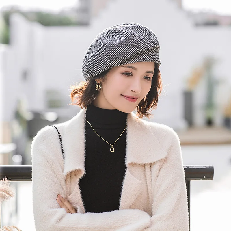 Зимний женский берет хлопковые шапки женская элегантная клетчатая винтажная