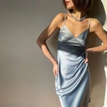 Vestido de satén con escote en V profundo para mujer, vestido Sexy liso de fiesta con tirantes finos, informal, 2021 (3)