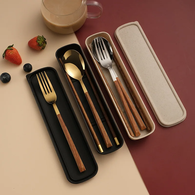 

Portable Stainless Steel Cutlery Set Wooden Handle Chopsticks Spoon Fork Dinnerware Travel Tableware With Box Kitchen Utensils