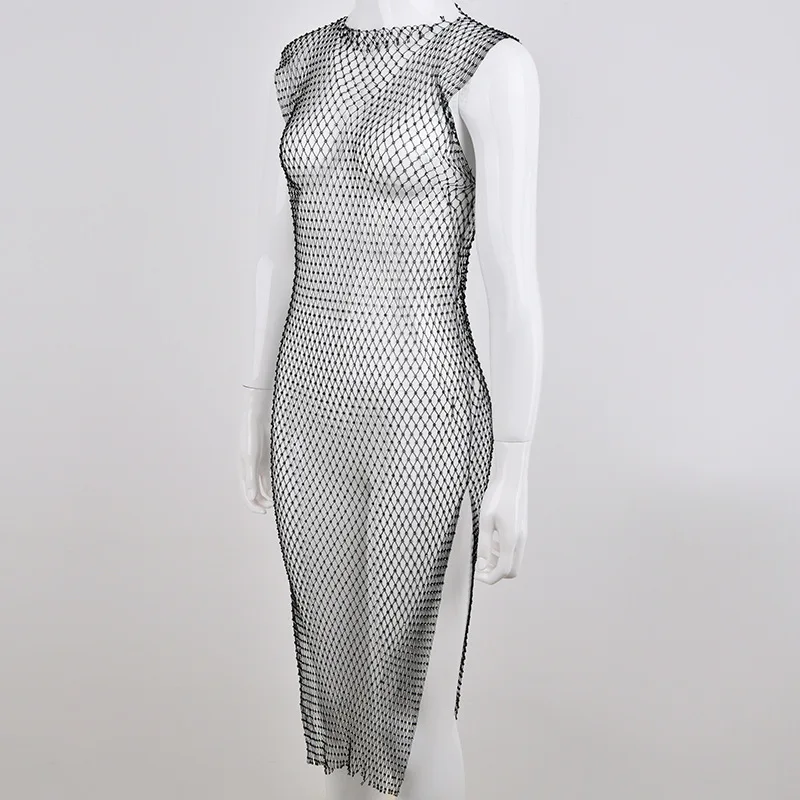 

Crystal Diamond Mesh Dress Women Sexy V Neck Hollow Out Rhinestone Sleeveless Bodycon Dress Nightclub Party Vestidos