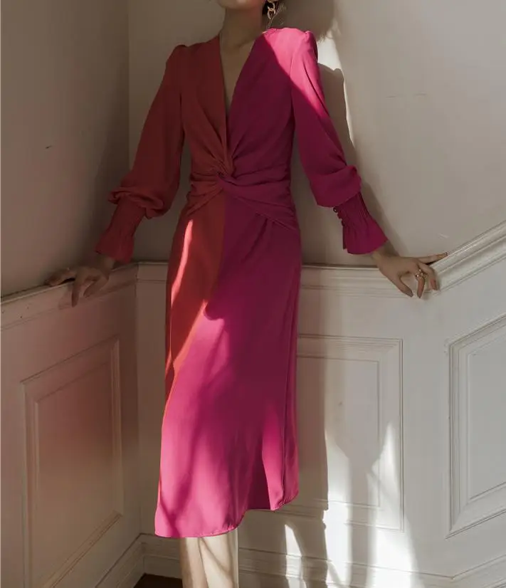 

Lauri Laki New Patchwork Dress Women Elegant Vintage Long Party Dress Plus Size V-neck Long Sleeve Dress Midi Autumn 2020