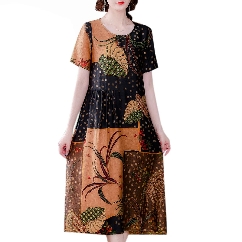 

Loose Casual 4L-XL Plus Size Satin Sundress Summer Women Print Mulberry Silk Vintage Midi Dress 2021 Elegant Slim Party Vestidos