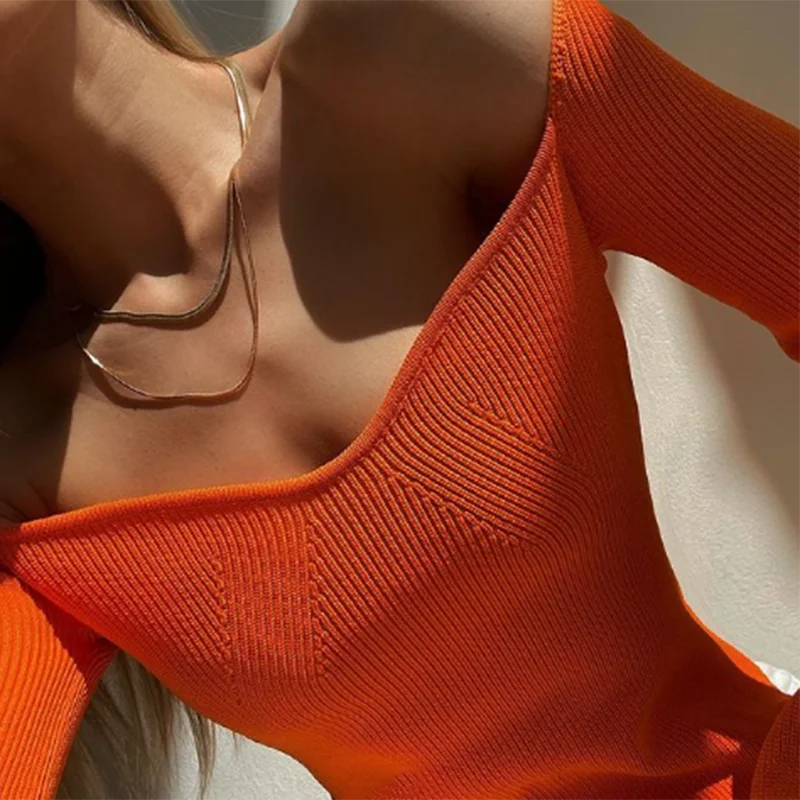 ZOEPO сексуальный v-образный вырез Однотонный свитер для женщин модная вязаная