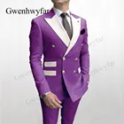 Пурпурные костюмы Gwenhwyfar, мужские праздвечерние чные Пиджаки и брюки 2020, Индивидуальные костюмы из двух предметов с карманами с отворотами и золотыми пуговицами
