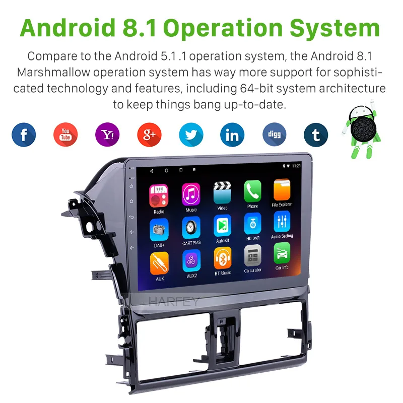 Мультимедийный плеер Harfey с сенсорным экраном 10 1 дюйма GPS FM-радио Android 9 0 Bluetooth Wi-Fi