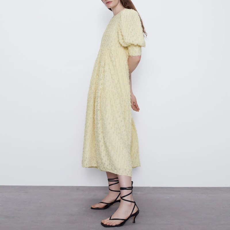 Fashion Puff sleeve Women dresses Yellow 2020 Summer Round neck Loose Maxi Long dress Party Vestidos Female YNZZU YD385 | Женская одежда