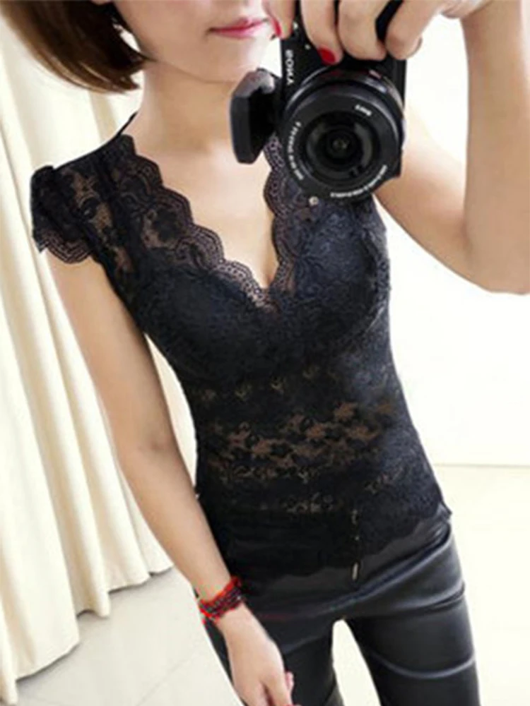 Женский топ с V-образным вырезом кружевной длинным рукавом |