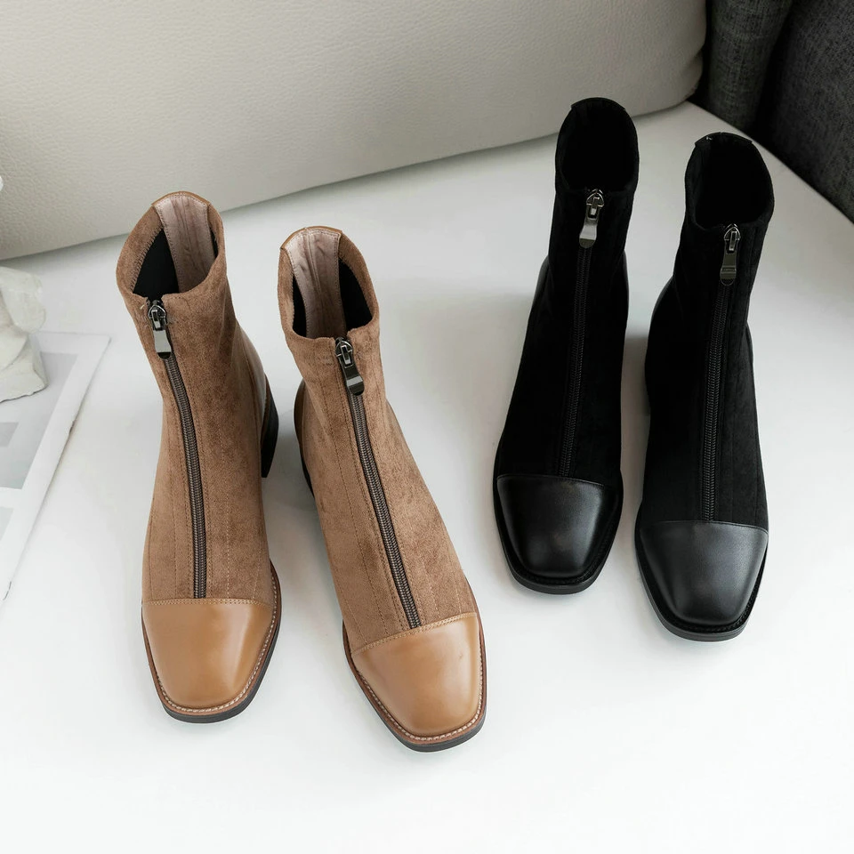 

EshtonShero Ankle Boots Winter Female women shoes Autumn Flock Leather Square Low Heel Short Boots Motorcycle Boots Size 3-9