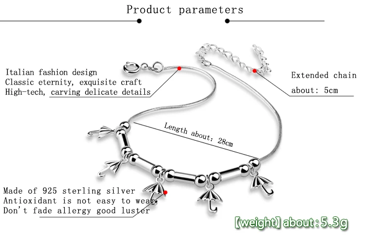New Fashion Women Solid 925 Sterling Silver Anklets Lovely Umbrella Pendant Girl Charming Lady jewelry | Украшения и аксессуары