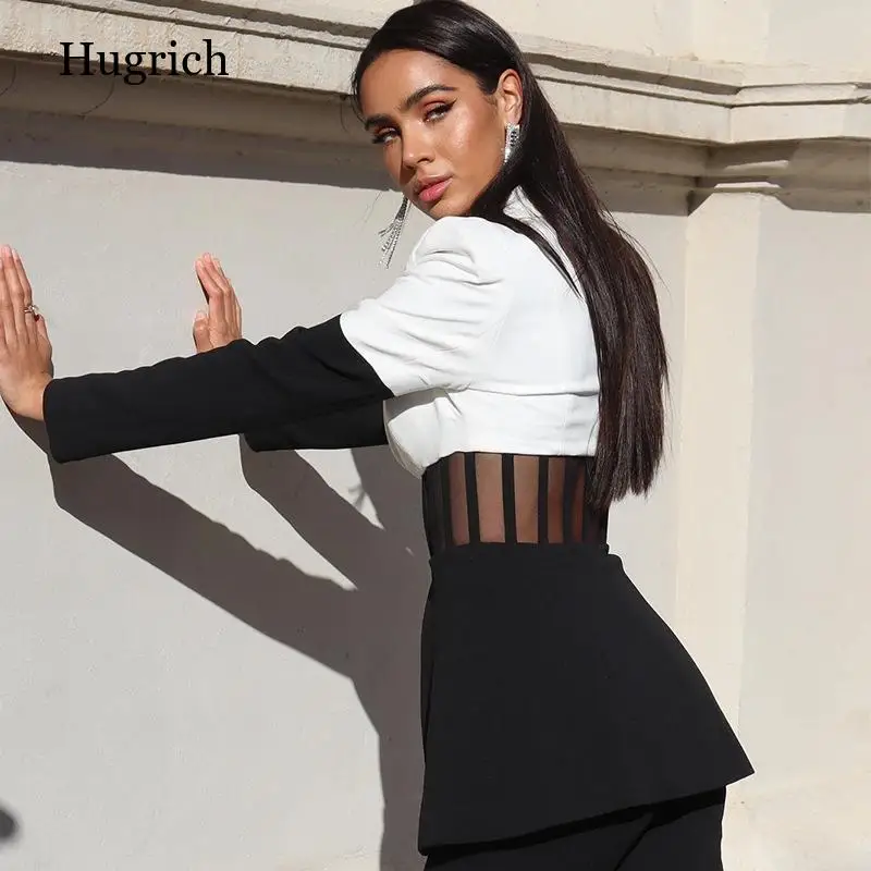 

Deep V Neck Sexy Blazer Women Autumn Coat Long Sleeve White Mesh Patchwork Office Ladies Blazer Femme Women's Jacket
