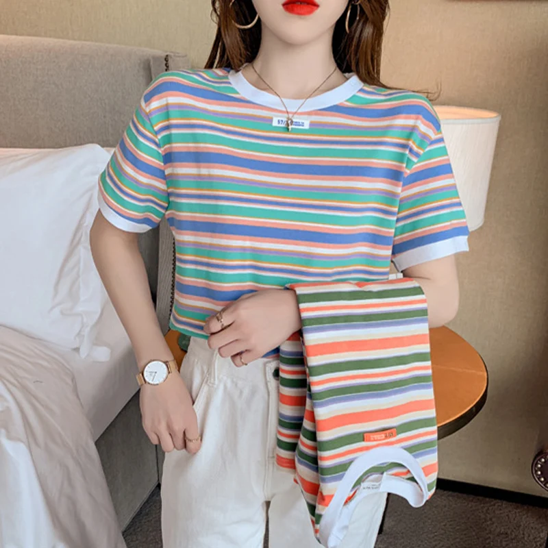 

Summer Rainbow Contrast T-Shirt Women Casual O-Neck Short-Sleeve Pullover t Shirt Female Patchwork Tops Loose Tees Ropa Mujer