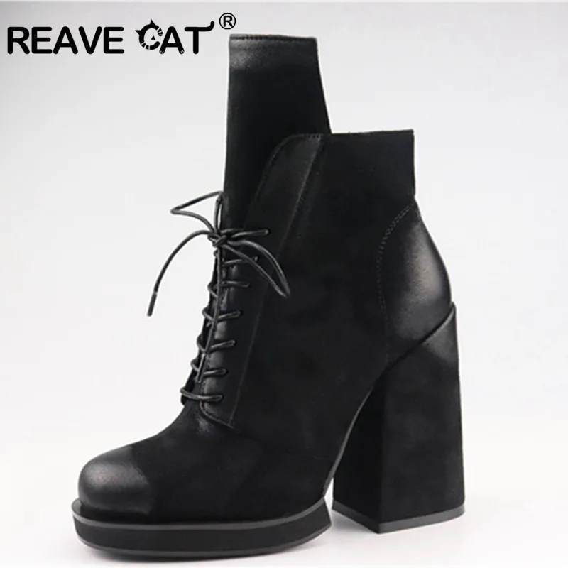 Женские замшевые ботильоны REAVE CAT ботинки на платформе и высоком массивном