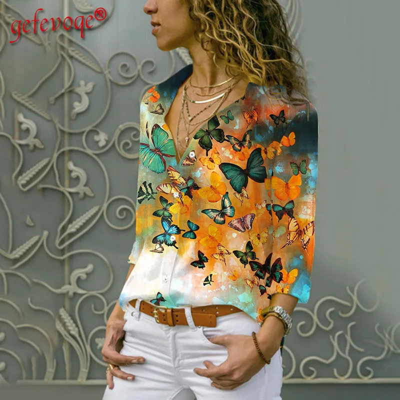 Блузка женская с отложным воротником модная офисная рубашка бабочкой топ на лето