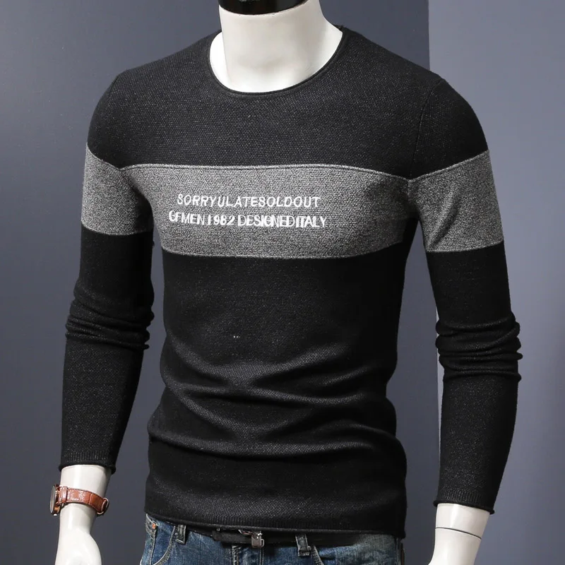 

Мужской вязаный свитер, Зимний пуловер, Модный облегающий свитер с круглым вырезом и надписью, с вышивкой