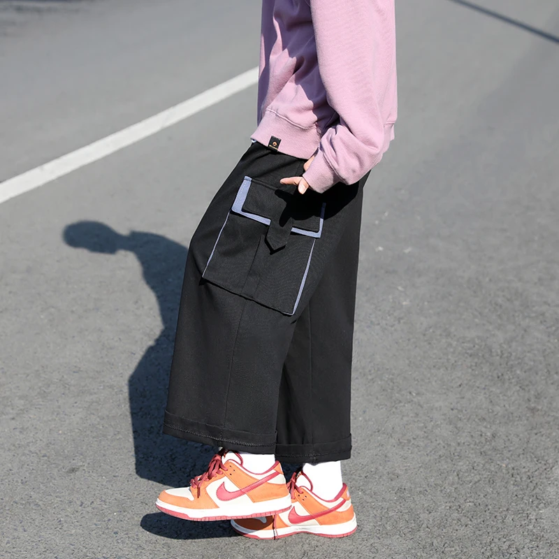 

Hzirip Black Trousers Spring And Autumn 2021 New Youth Causal Loose Pockets Elastic Waist Tie High Vintage Patchwork Cargo Pants