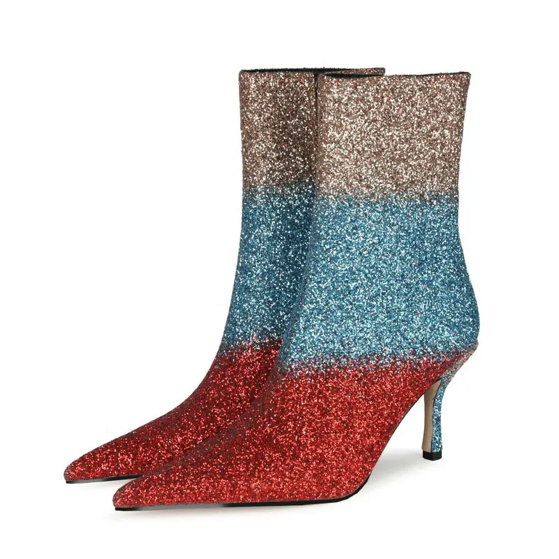 

Spring Autumn Ladies Sequined Prom Short Boots Fashion Color Matching Zipper Women Shoes Winter Thin High-Heel Large Size Boots