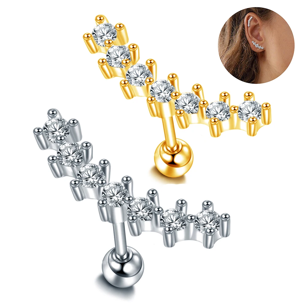 

1Pc Moon 7 Zircons Cartilage Helix Piercing Earring Stainless Steel Crystal Ear Stud Sexy Body Piercing Jewelry Women