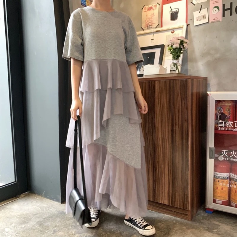 

Summer Dress Women Short Sleeve O Neck Long Dress Easy Loose Casual Female Dress Vestidos Solid Plus Size 4XL Cake dress