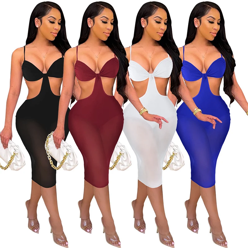 

Woman Patchwork Mesh Sexy V Neck Halter Sleeveless Slip Dress Waist Hollow Out Backless Bodycon Summer Party Club Midi Dresses