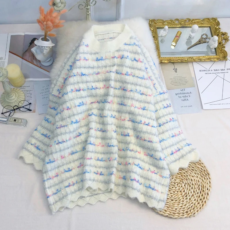 Women Sweaters Loose Casual New Harajuku Kawaii Cute Sweet Pink Nice Striped Oversize Knit Pullover CC396 | Женская одежда