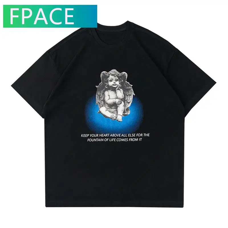 

FPACE Tees Shirts Harajuku Cartoon Angel Print T-Shirt Streetwear Hip Hop Summer Fashion Casual Loose Cotton Tshirt Tops