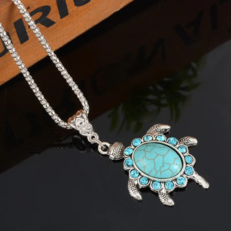 

Female Vintage Sea Turtle Tortoise Necklace Women Choker Blue Animal Pendant Silver Color Chain Rhinestone Kids Jewelry Gift