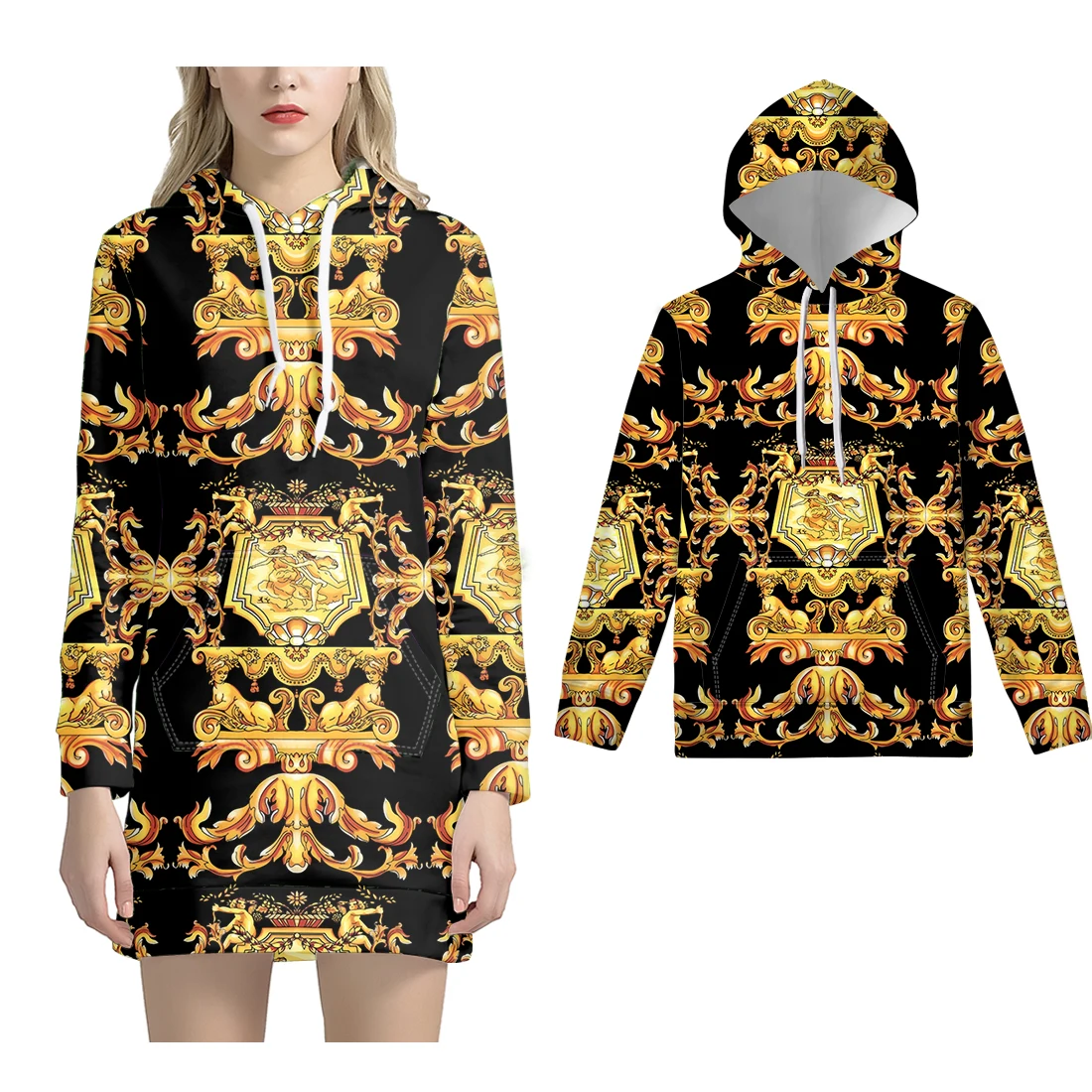 

NOISYDESIGNS Sweatshirt Dress Women Luxury Golden Europe Floral Autumn Baroque 3 Pcs Family Clothing Oversized Hoody Harajuku
