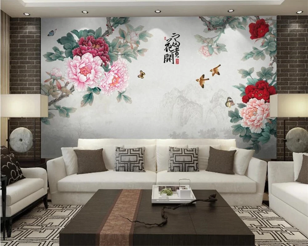 

Фотообои beibehang, ручная роспись, классические пионы, цветы и птицы, для дивана, ТВ-фона, современные китайские обои