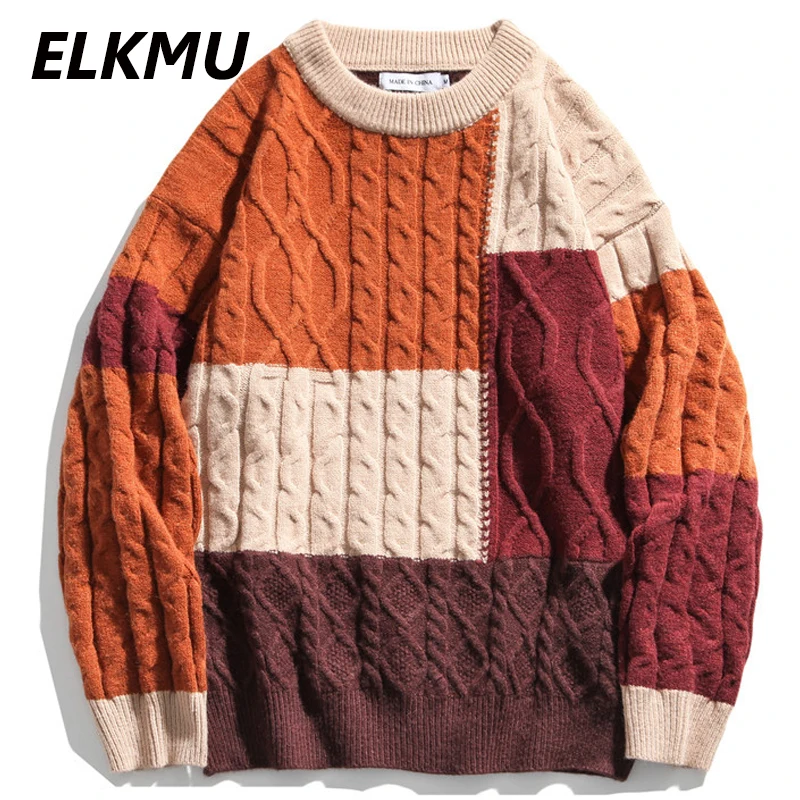 Уличная одежда ELKMU лоскутные вязаные свитера с цветными блоками для мужчин и