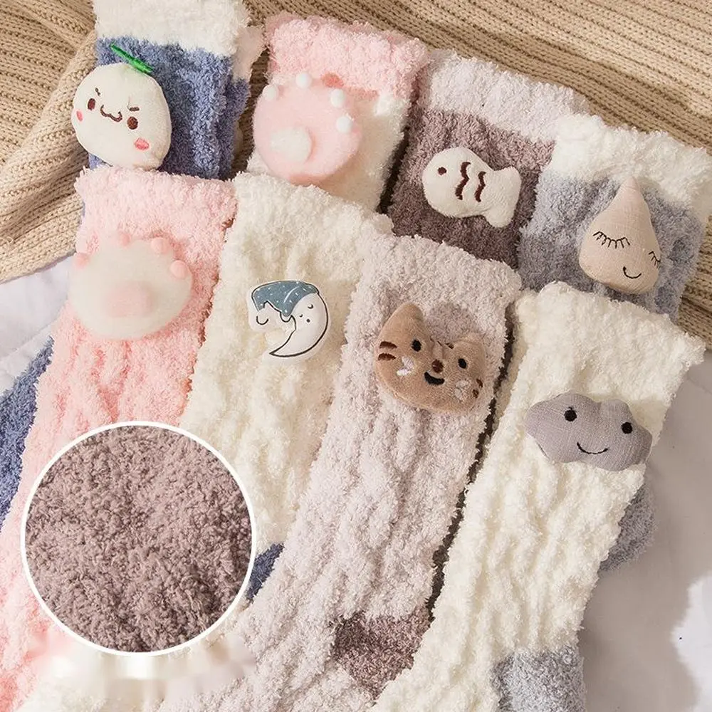 

Корейские зимние толстые женские Носки с рисунком рыбок, кошек, пятен, кораллового флиса, чулки для сна для девочек