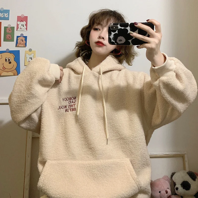 

Waitmore Cashmere Hoodie Women's Autumn and Winter Loose Korean-Style Idle Style Fleece-Lined Thickened Ulzzang Coat