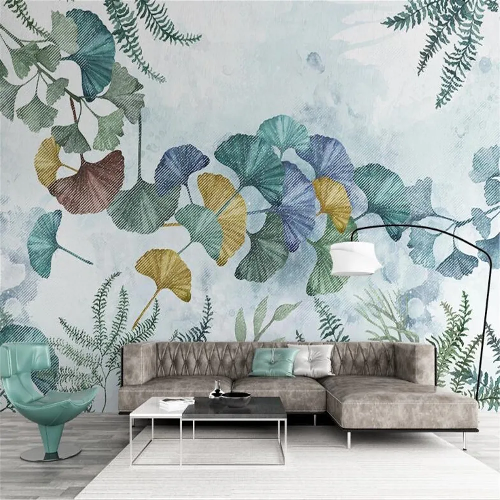 

Milofi non-woven wallpaper mural small fresh modern minimalist plant ginkgo leaf hand-painted Nordic TV background wall