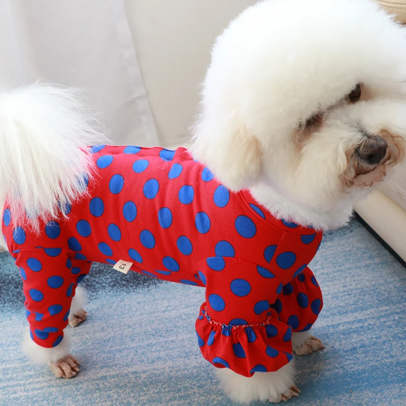 Пижама для щенка комбинезон собаки тонкая 100% хлопок красная в горох защищает