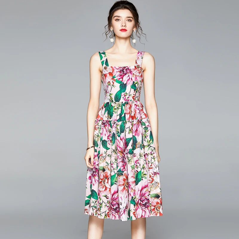 

Women Summer Fashion Casual Sweet Floral Print Medium Long A Line Dress