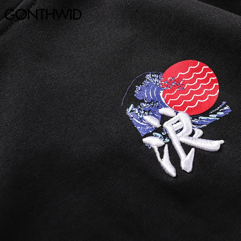 GONTHWID Embroidered Carp Koi Fish Seawave Print Hoodies Sweatshirts Harajuku Hip Hop Fashion Pullover Streetwear Tops | Мужская одежда