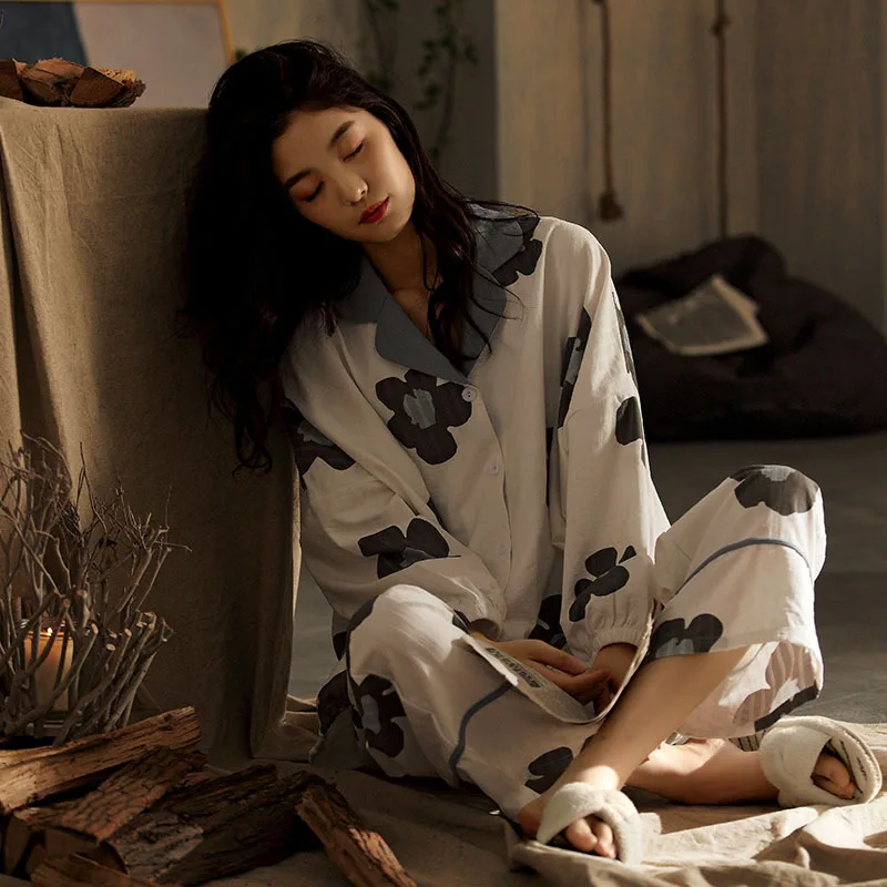 

Long Sleeve Pajamas Suit Novelty Cotton Women 2PCS Sleep Set Soft Flower Nightwear Intimate Lingerie Spring New Sleepwear