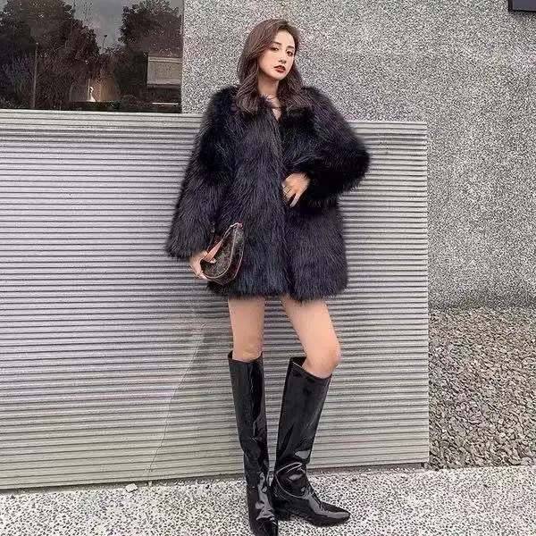 2021 Women's Autumn Winter Fashion Faux Fox Fur Coat Female Korean Long Casual Elegant Thick Warm Coat Plush Plus Size Jacket