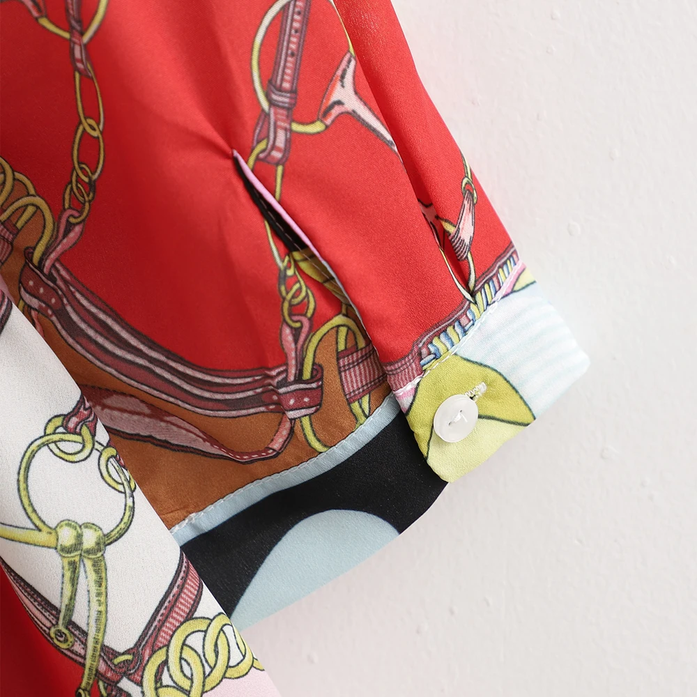 

New Fashion Dress Single-Breasted Straps Are Thin Print Long Dress European American Spring Women Suit-Collar Long-Sleeved Dress