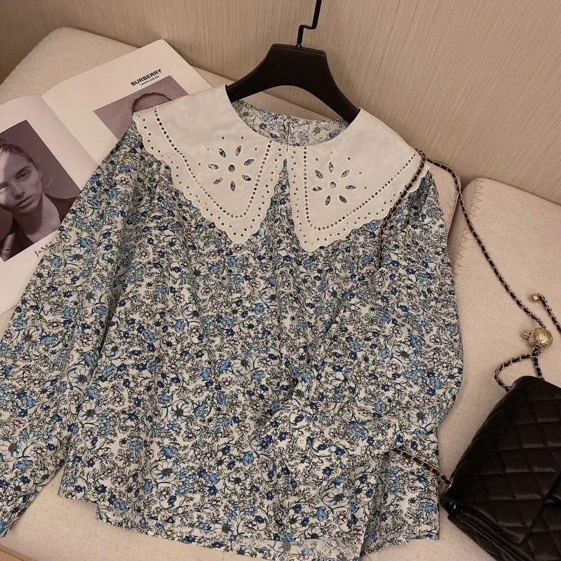 

Peter Pan Collar Design Long Sleeve Top Woman Fashion Office Lady Shirts 2021 New Sweet Flower Print Embroidery Blouse Women
