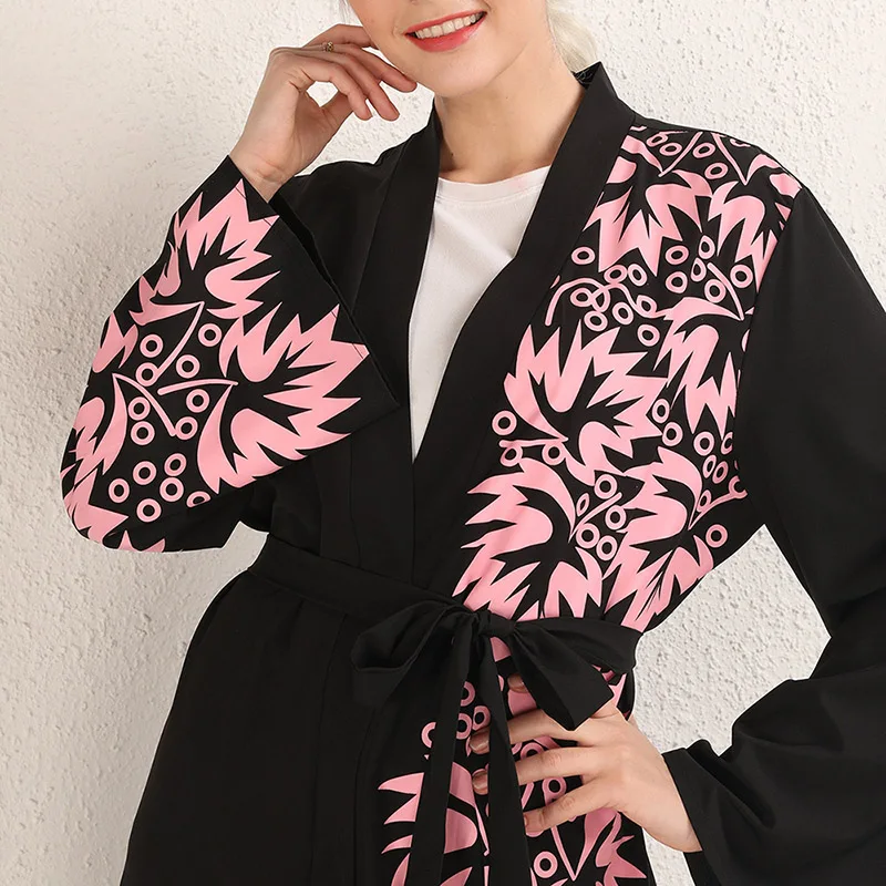 

Ramadan Muslim Islamic Middle East Clothing Long Skirt Printed Black Abaya Dubai Cardigan Robe Fashion Kaftan Prayer Clothes