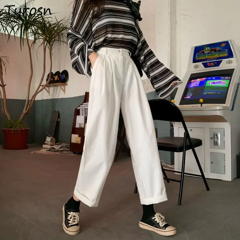 Широкие повседневные брюки женские с высокой талией простые однотонные белые