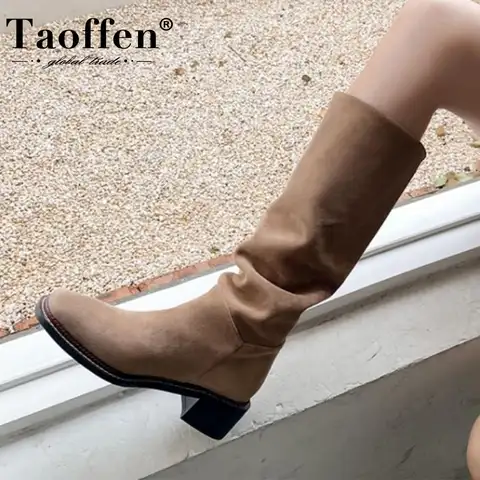 Женские полусапожки из флока Taoffen, зимние теплые ботинки с квадратным носком, модные вечерние ботинки, размеры 34-39